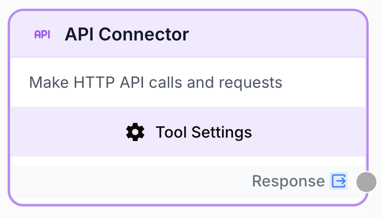 Node API Connector affiché sur le canevas avec sa méthode, son URL, ses headers et ses paramètres configurés