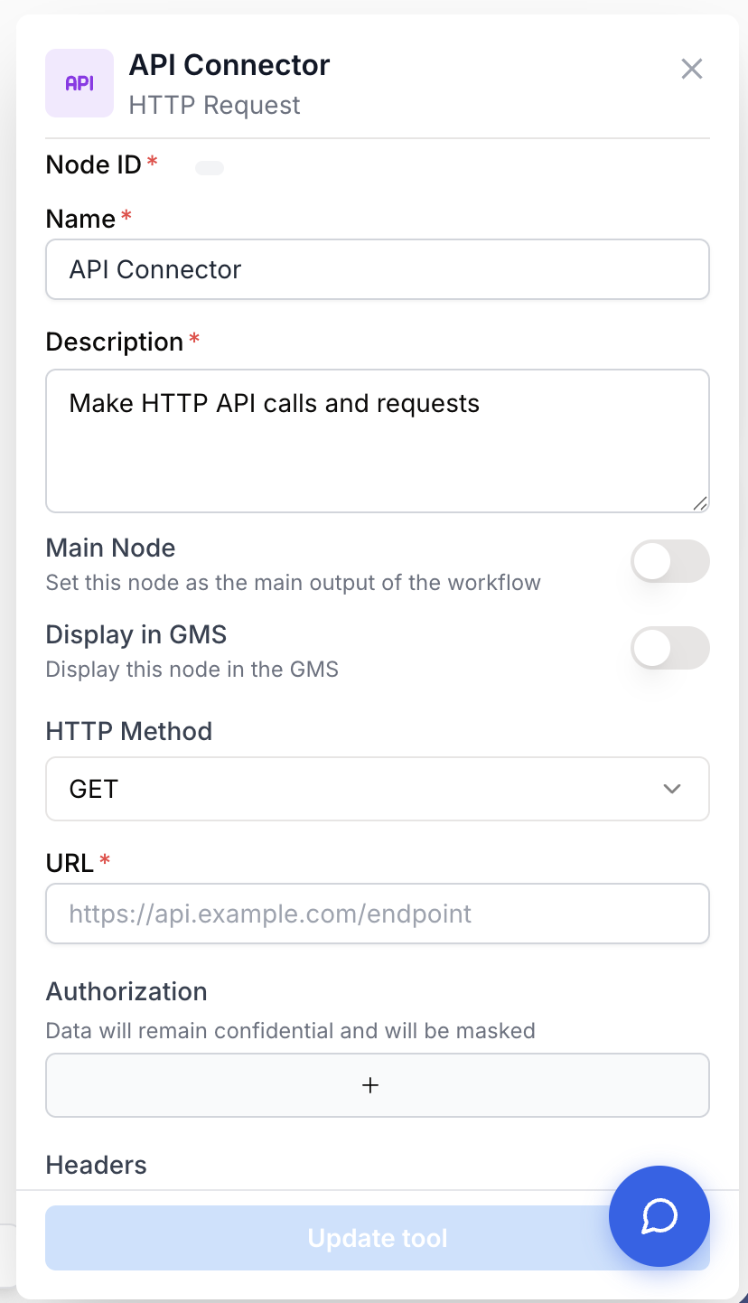 Panneau de configuration du node API Connector avec les champs method, URL, authorization, headers, content type et parameters