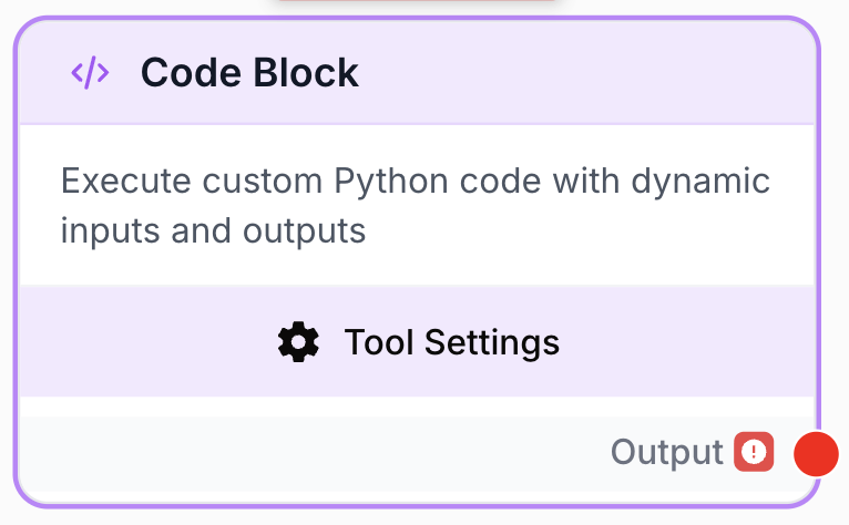 Node Code Block sur le canevas avec entrées pour exécution de code