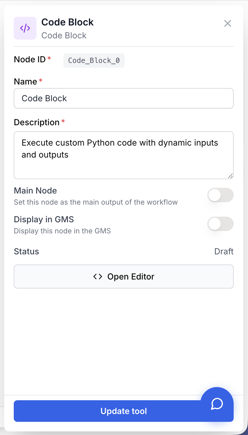 Paramètres du node Code Block : langage, prompts, bac à sable, tentatives