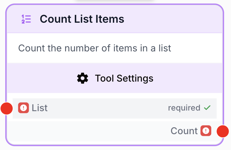 Node Count List Items comptant les éléments d'une liste connectée au node