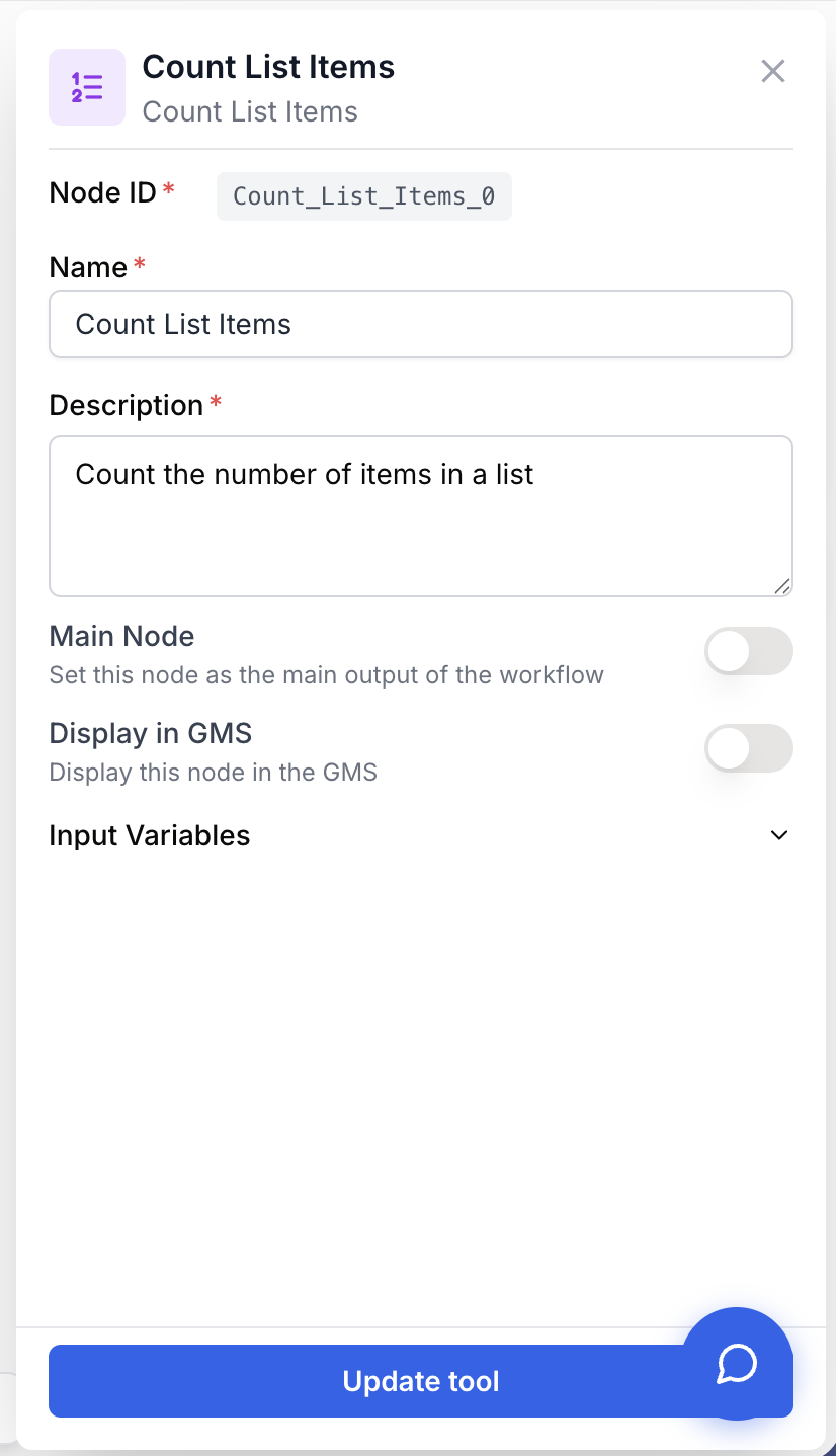 Paramètres Count List Items avec identité du node pour la sortie numérique