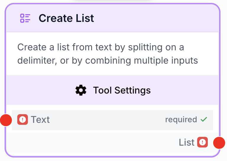 Node Create List construisant une liste pour les étapes suivantes du workflow