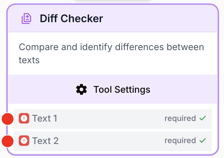 Node Diff Checker sur le canevas comparant deux entrées texte du workflow