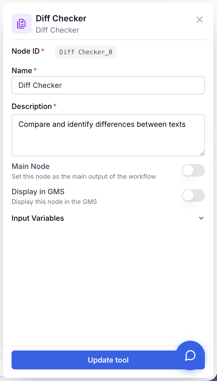 Panneau du Diff Checker avec champs identité pour l'étape de comparaison