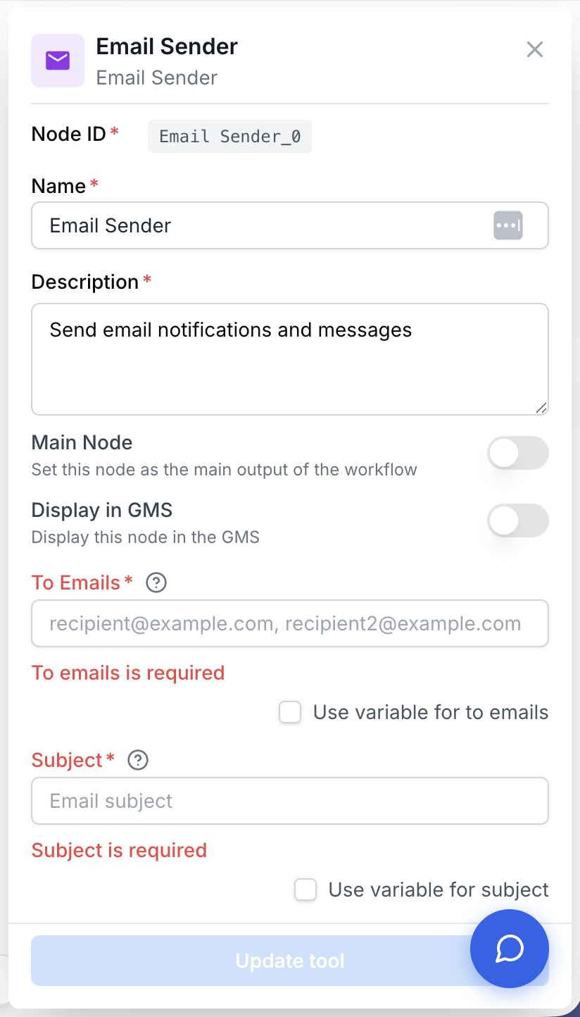 Paramètres Email Sender avec SMTP authentification et champs mail