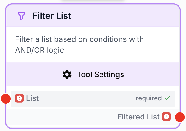 Node Filter List sur le canevas filtrant les éléments d'une liste reliée