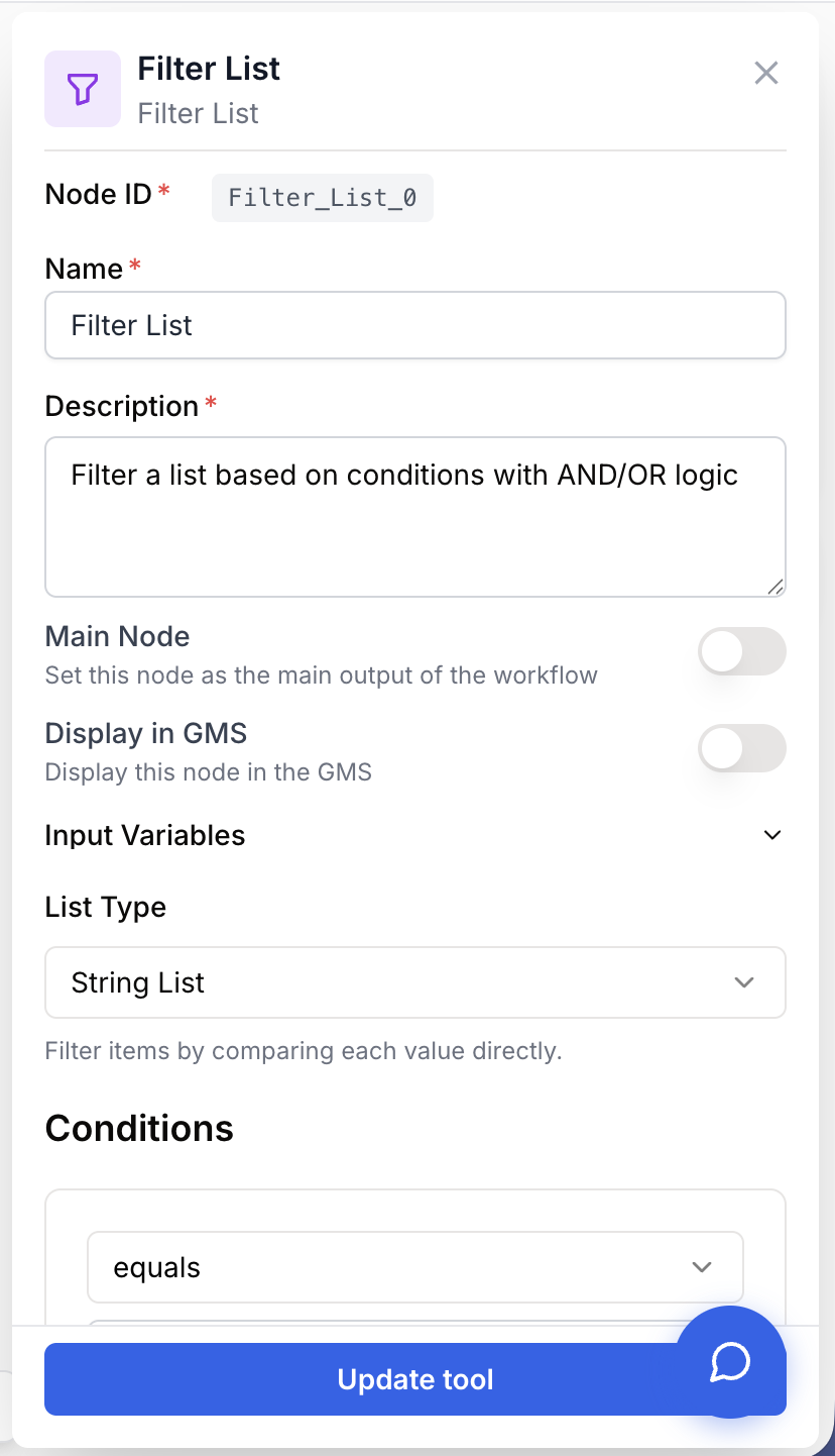 Paramètres du Filter List avec critères et opérateur logique configurables