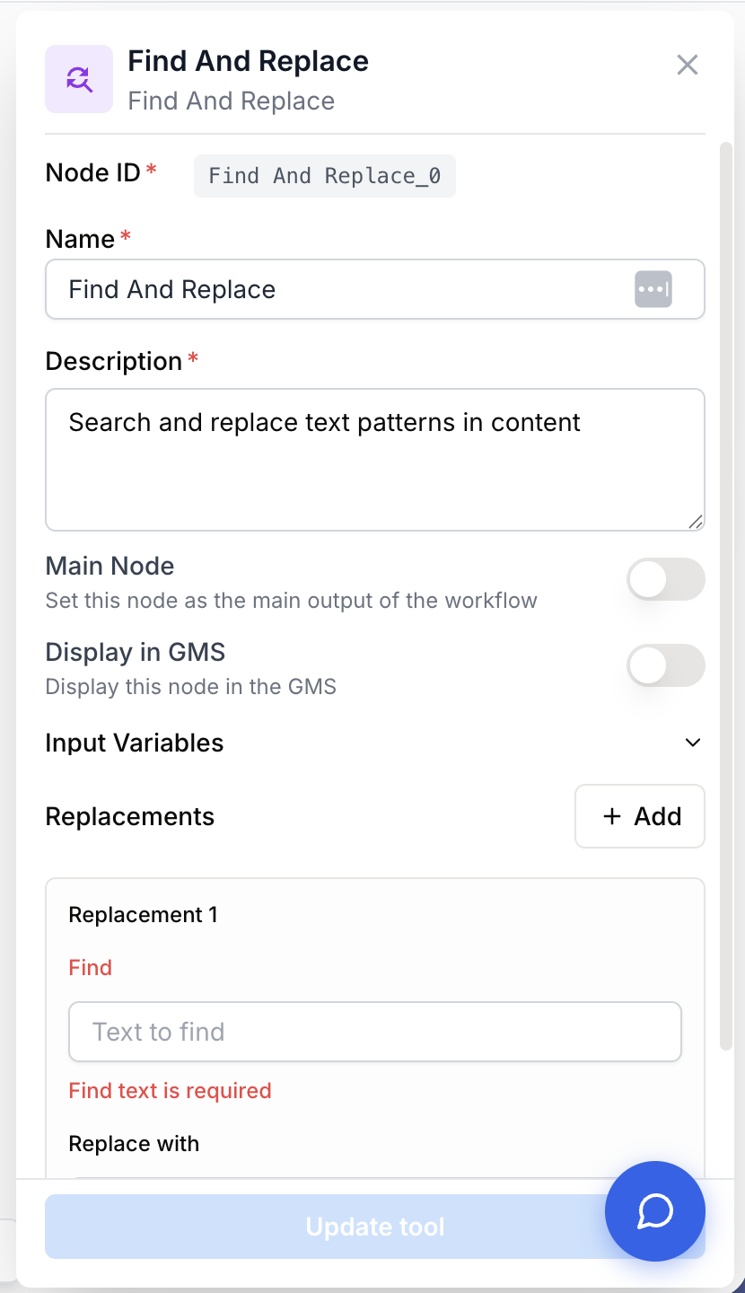 Panneau de configuration du node Find and Replace affichant les champs vides pour paramétrer la recherche et le remplacement