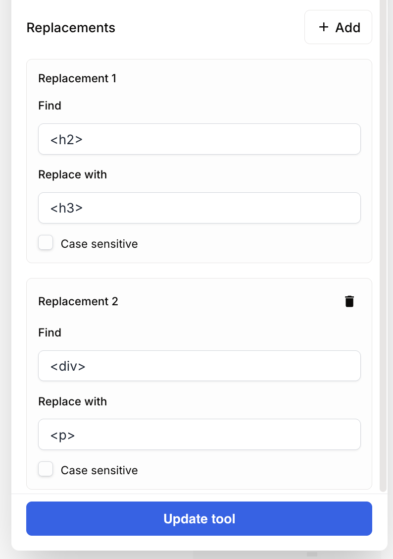 Exemple de configuration avec deux règles : remplacement des h2 par des h3, et des div par des paragraphes
