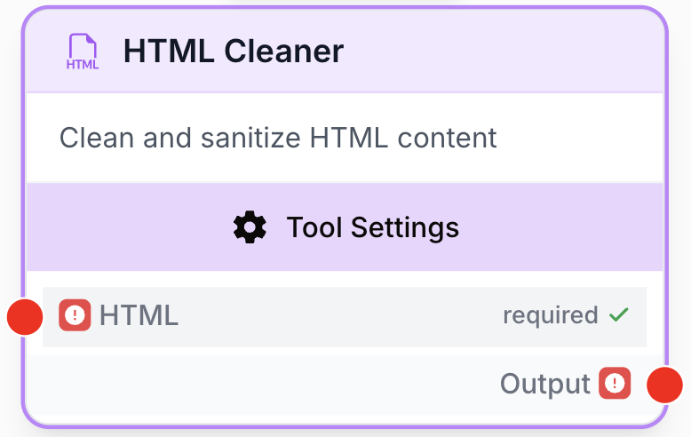 Node HTML Cleaner sur le canevas nettoyant le HTML entrant relié