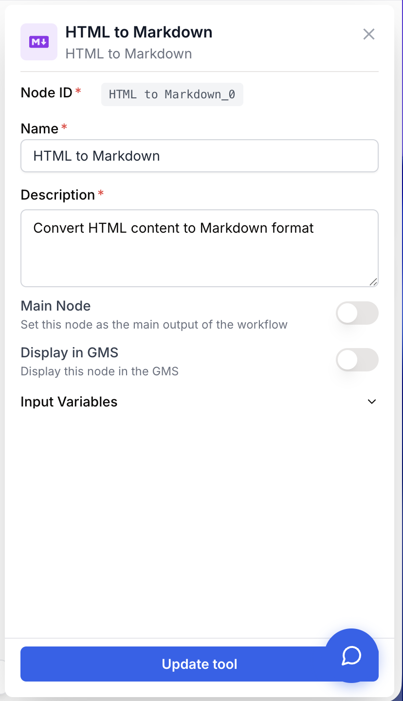 Panneau de configuration avec champs nom et description du node