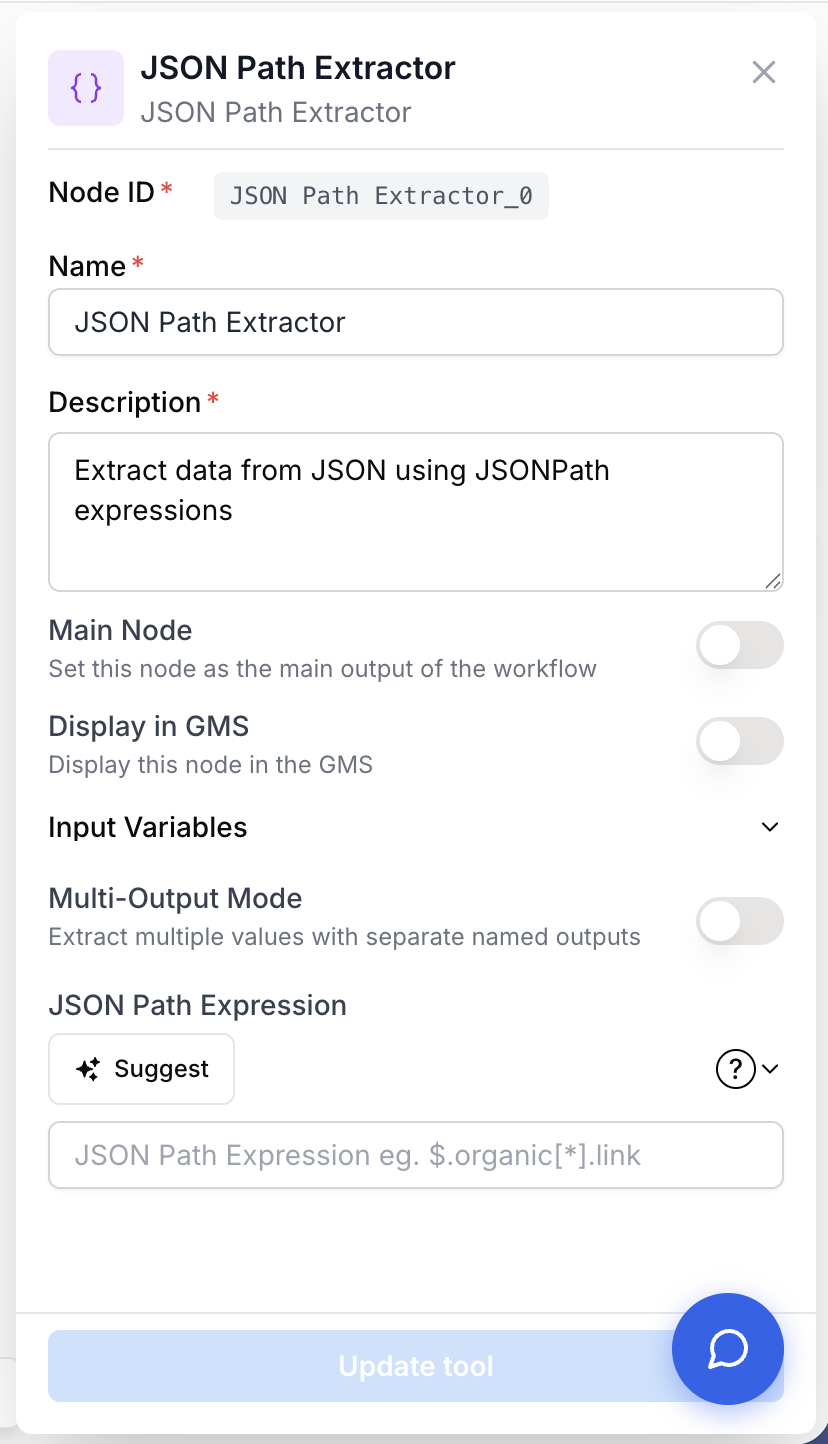 Panneau JSON Path Extracteur expression JMESPath et options de sortie