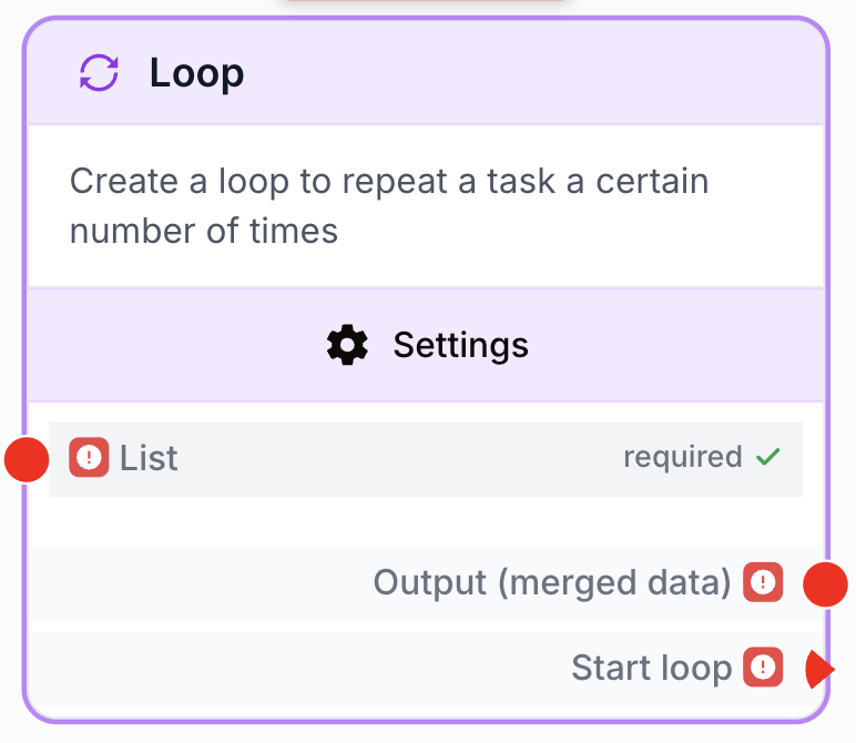 Node Loop sur le canevas avec entrée liste et sous-workflow imbriqué