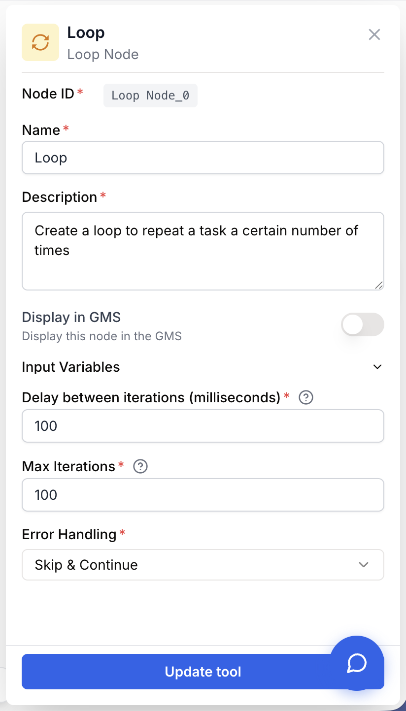 Paramètres du node Loop pour itérations maximales et parallélisation