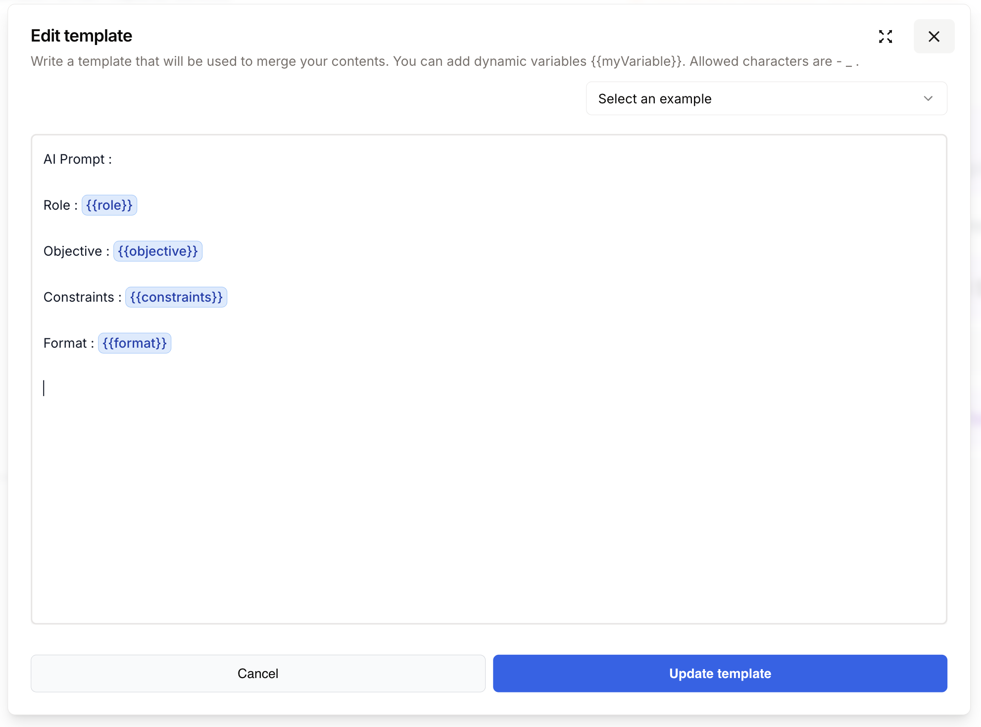 Fenêtre d'édition du template Merge montrant un exemple de prompt avec des variables dynamiques