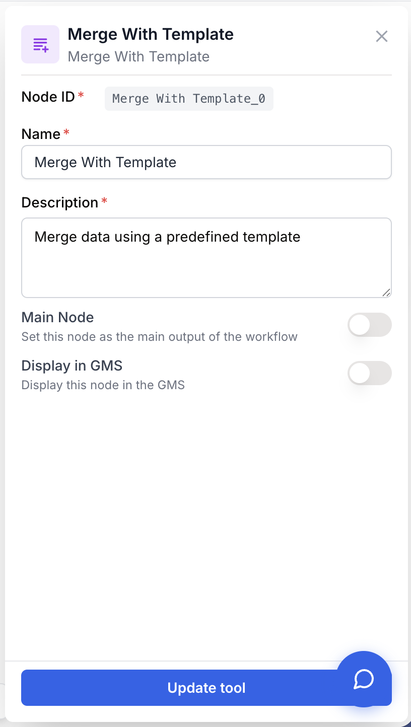 Panneau de configuration du node Merge montrant les champs ID, Nom, Description et les options d'affichage