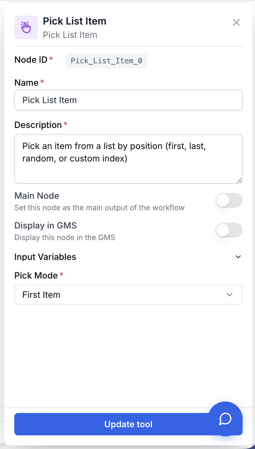 Paramètres Pick List Item : index de l'élément et libellés d'entrée sortie