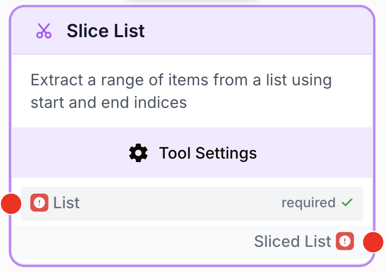 Node Slice List extrayant une plage d'éléments d'une liste reliée