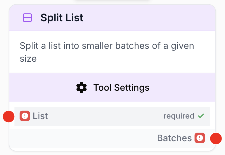 Node Split List découpant une liste reliée en lots de taille configurée
