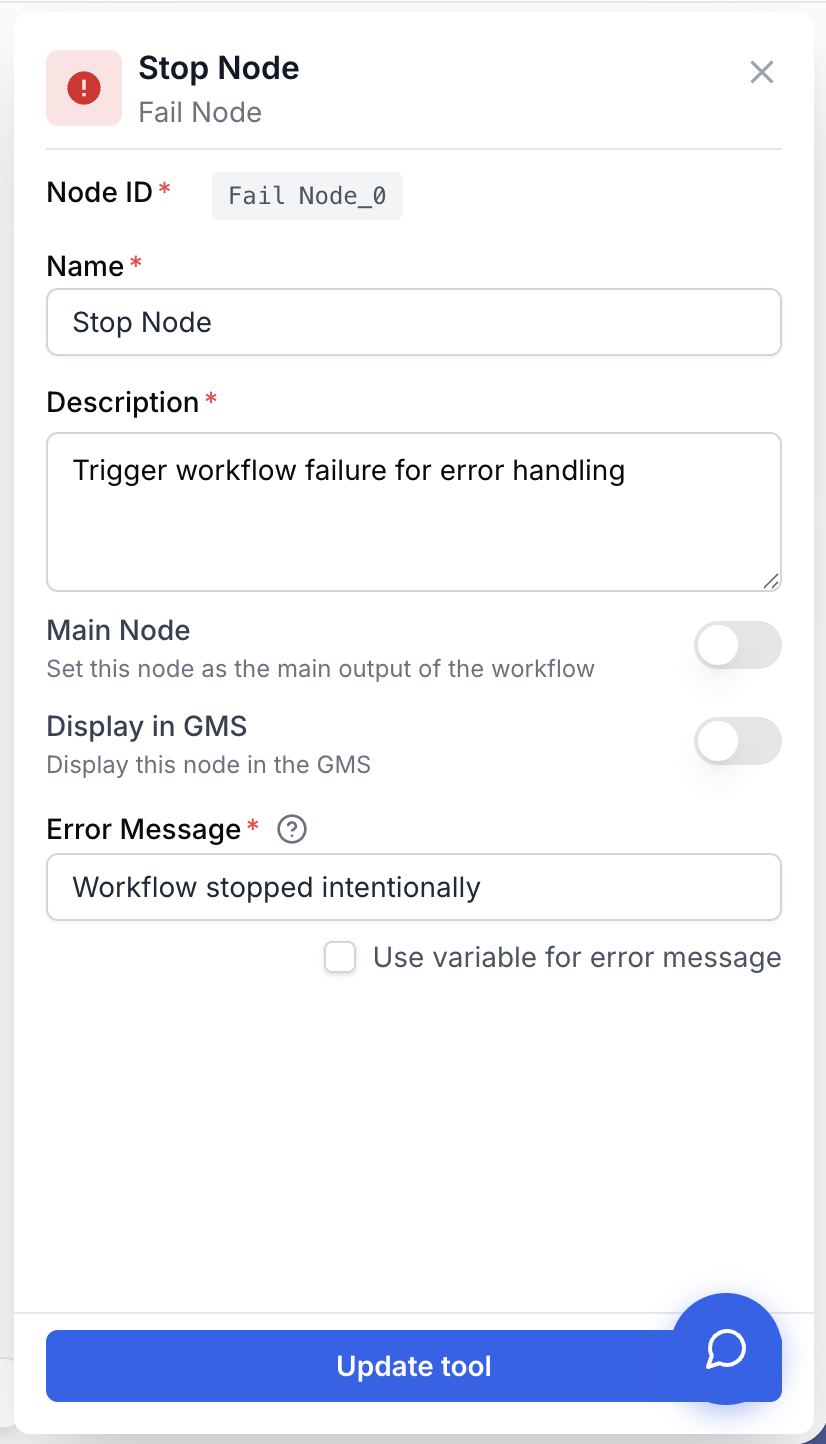 Fail Node error message settings