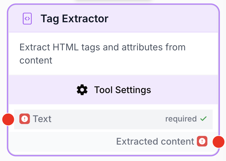 Node Tag Extractor sur le canevas avec son entrée texte et sa sortie de contenu extrait