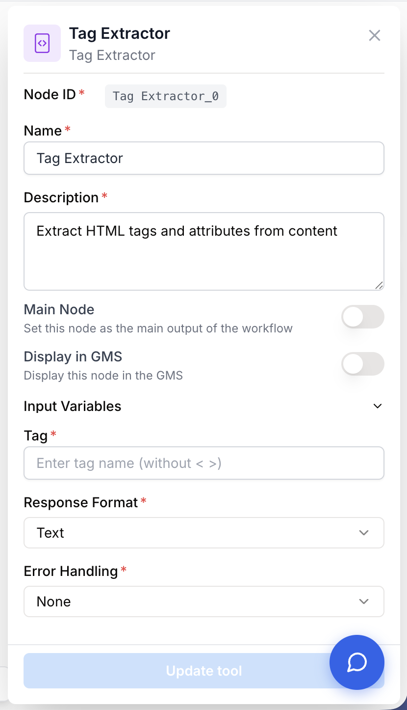 Panneau de configuration du Tag Extractor affichant les champs Tag, Response Format et Error Handling