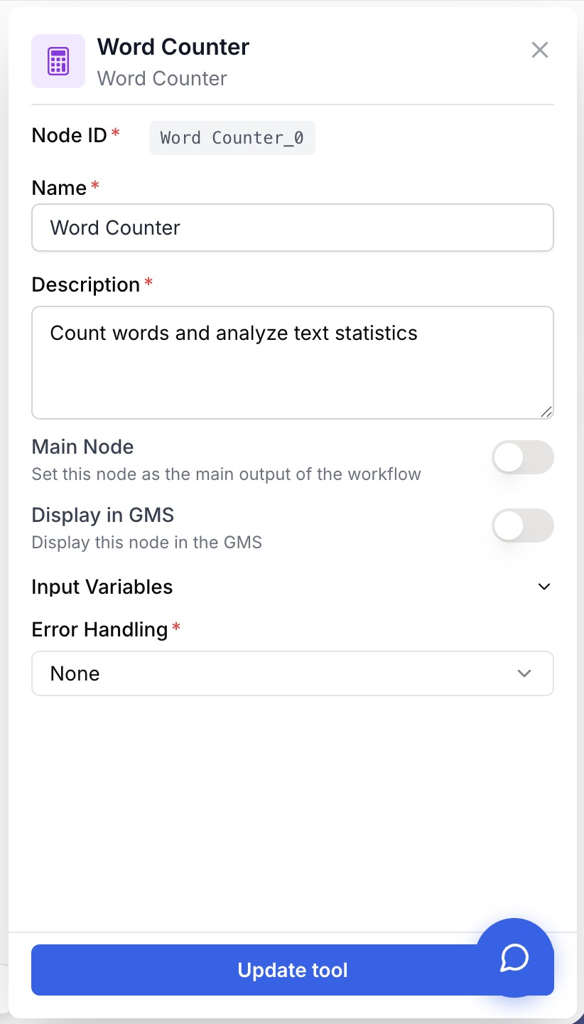 Panneau de configuration du Word Counter avec identité du node affichée