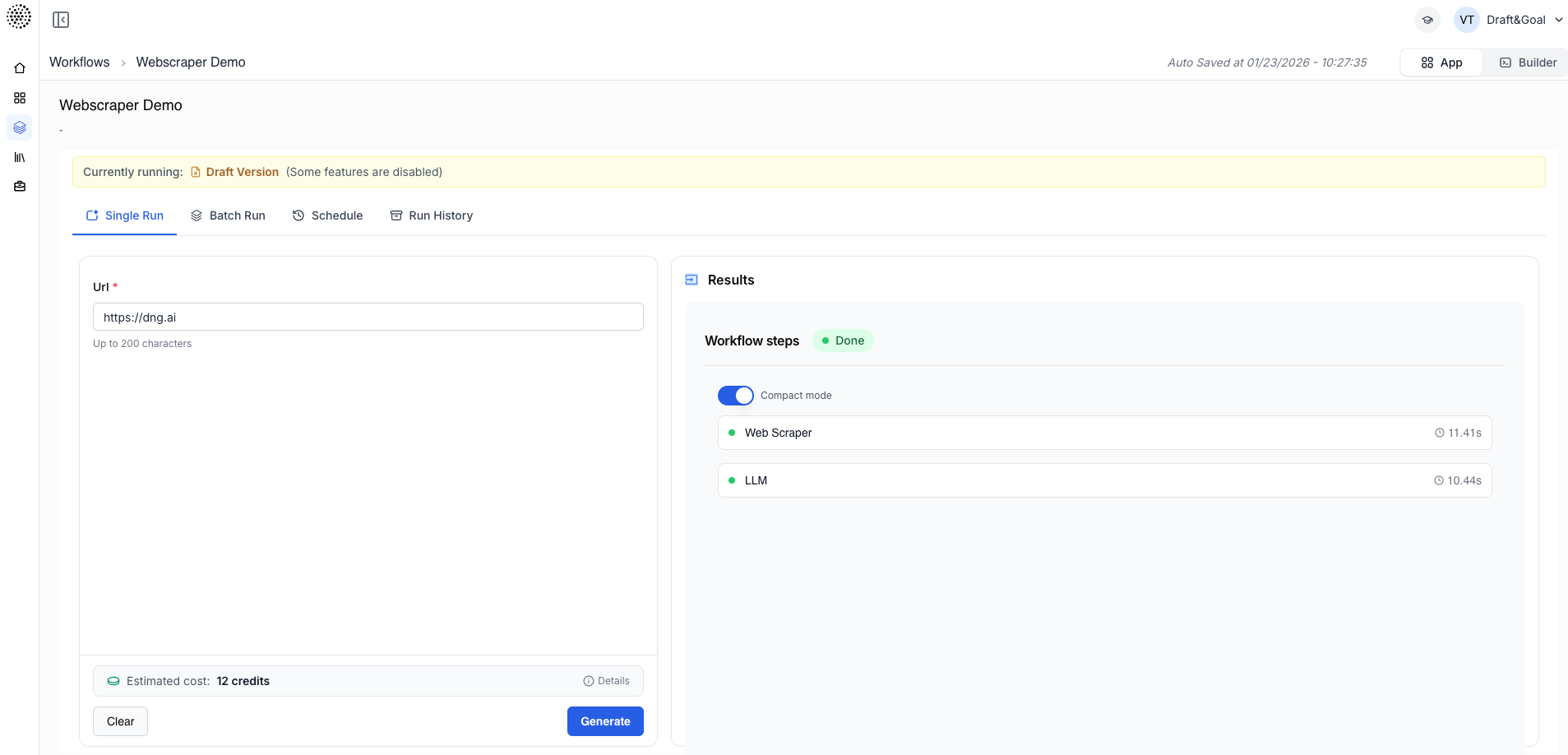 Interface App - Exécution d'un workflow